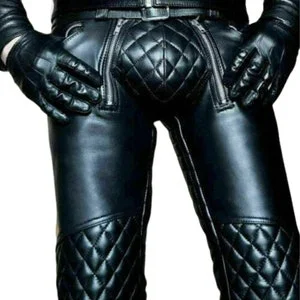 pornhint Pornhint Mens Black Genuine Leather Quilted Pants Trousers