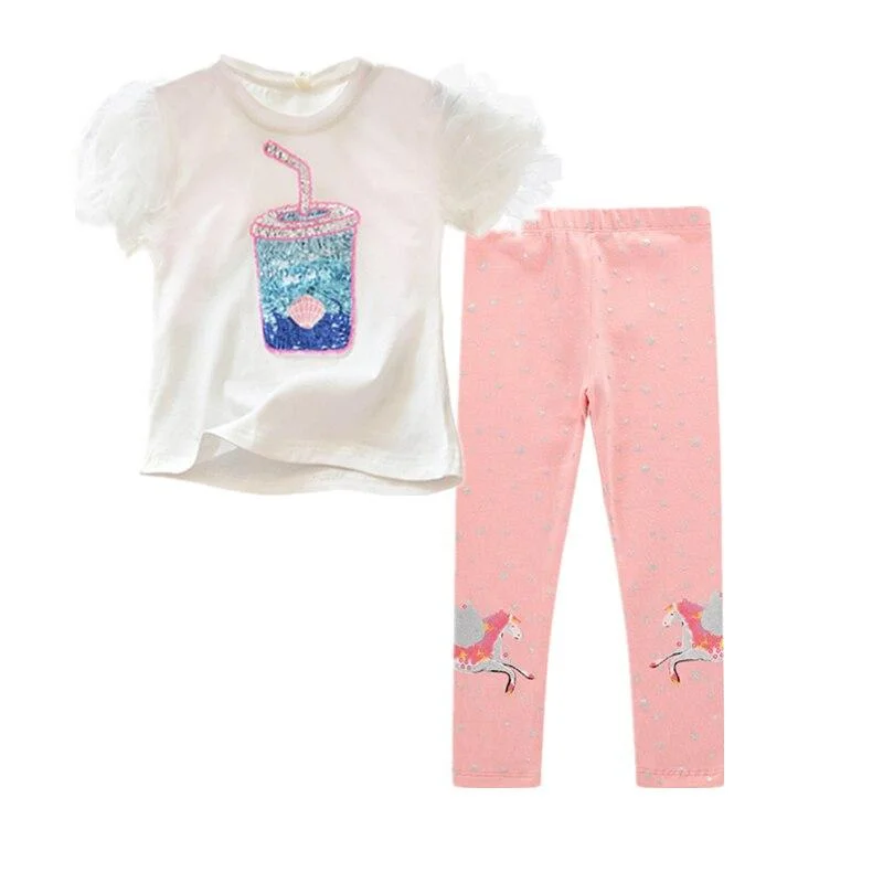 Two Pieces Kids Children Girls Clothes Set Little Girl Summer Cartoon Print T Shirt and Pants Leggings Outfits Clothing 2pcs