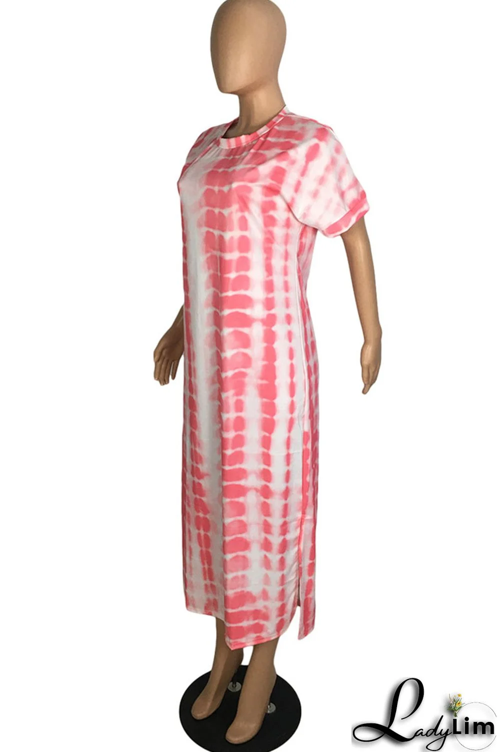 Blue Fashion Casual Print Slit O Neck Short Sleeve Dress Dresses