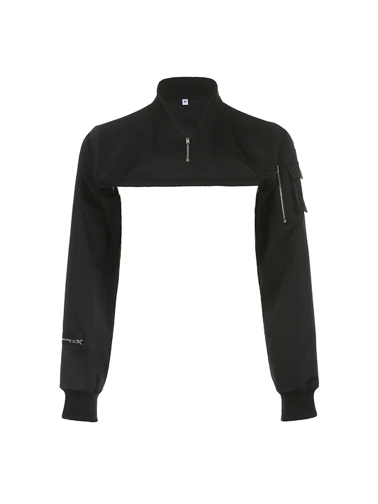 Zip Up Stand Collar Long Sleeve Black Cropped Jackets Women Pocket Safari Style Streetwear LANFUBEISI