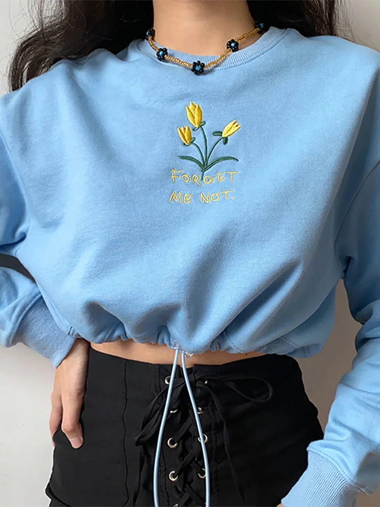 Embroidered flowers round neck drawstring short high waist long sleeve women's sweater SKUI77997 QueenFunky