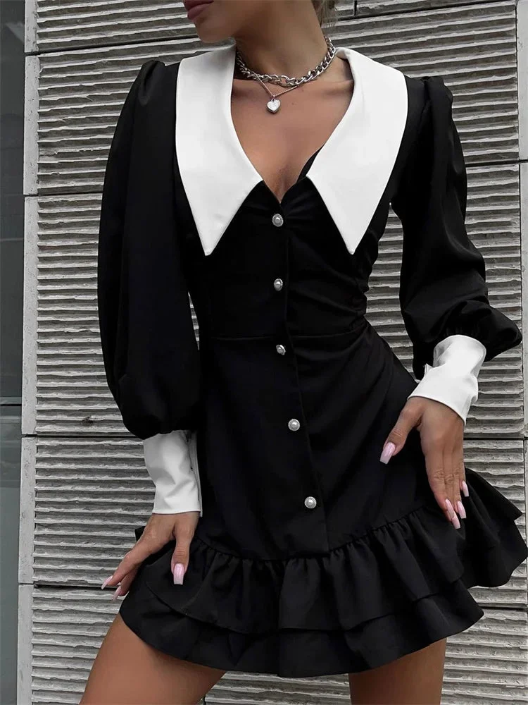 Oocharger Black Ruffled Patchwork Mini Dress For Women High Waist V-Neck Slim Fashion Elegant Party Dress Gown Women's Sexy Dress