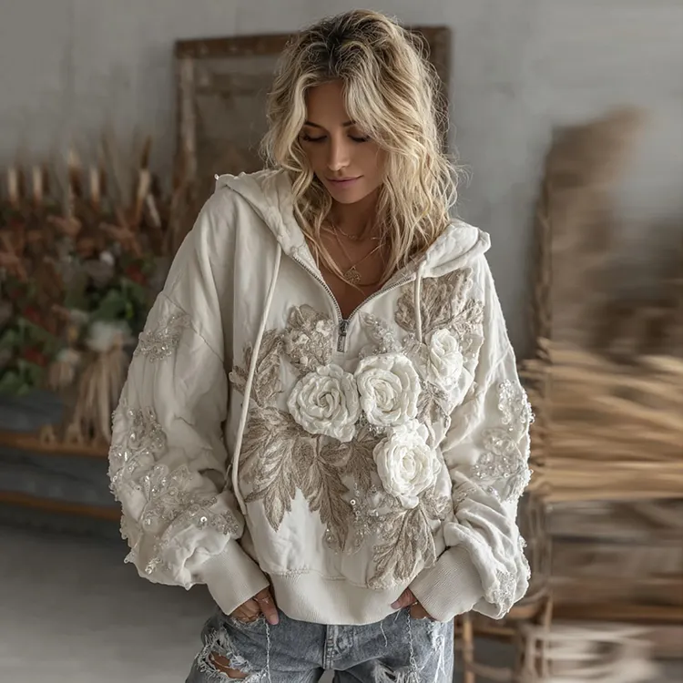 Women's Vintage White Rose Embroidery Warm Zip Hoodie