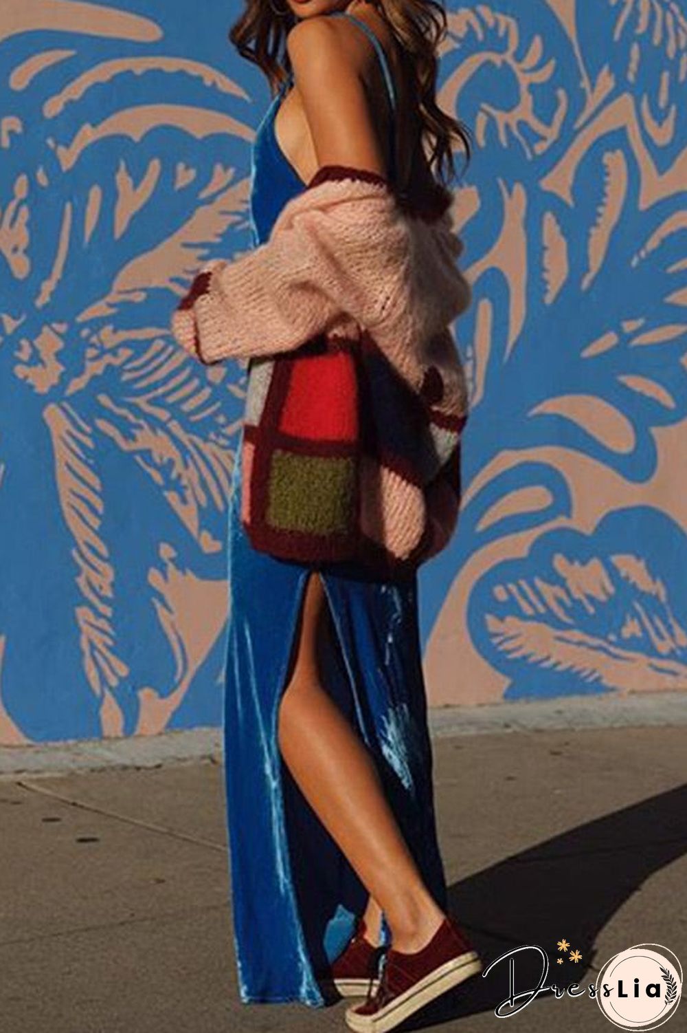 Royal Blue Suede Slit Backless Slip Dress