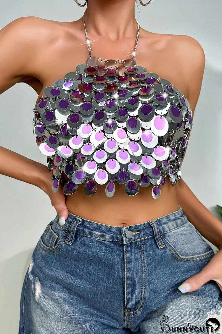 Purple Sexy Patchwork Sequins Chains Backless Halter Tops