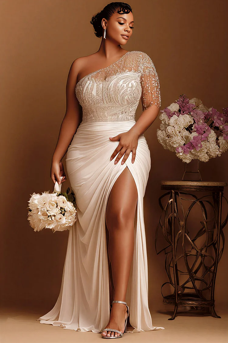 Xpluswear Design Plus Size Wedding Ivory One Shoulder Split Drilling Satin Maxi Dresses [Pre-Order] 2024 - Xpluswear