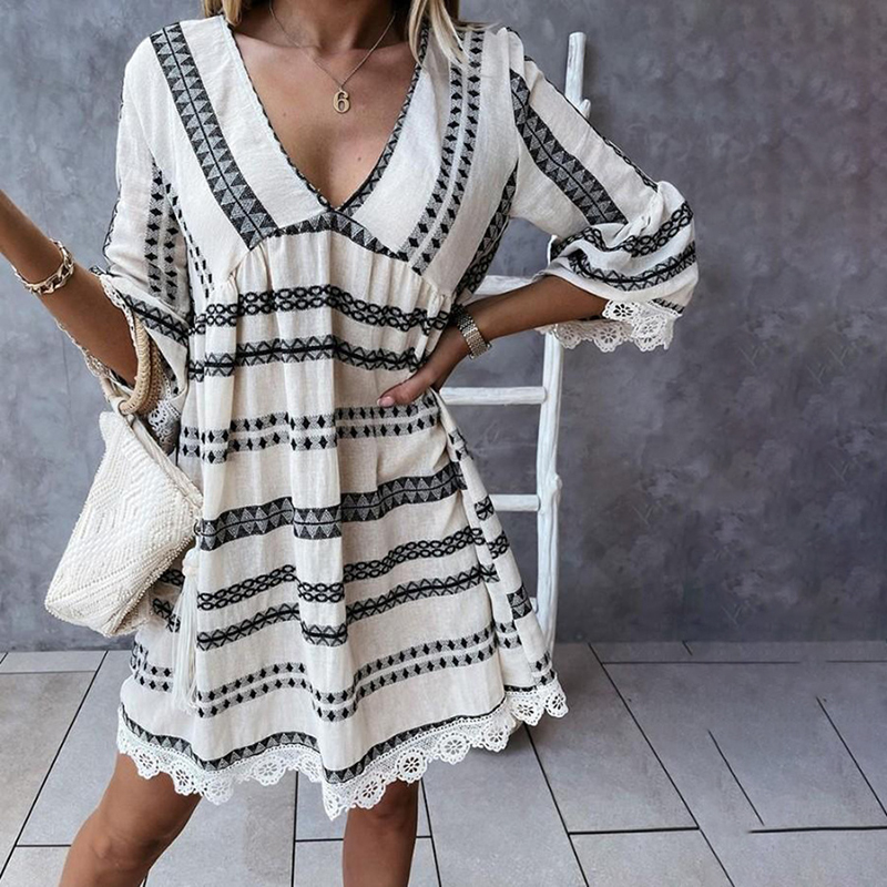 Boho Geometry Printed V Neck Long Sleeve Mini Dress wearshes