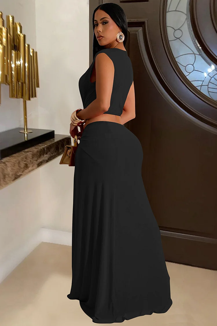 Deep V Neck Twisted Cutout Sleeveless High Slit Party Maxi Dresses-Red