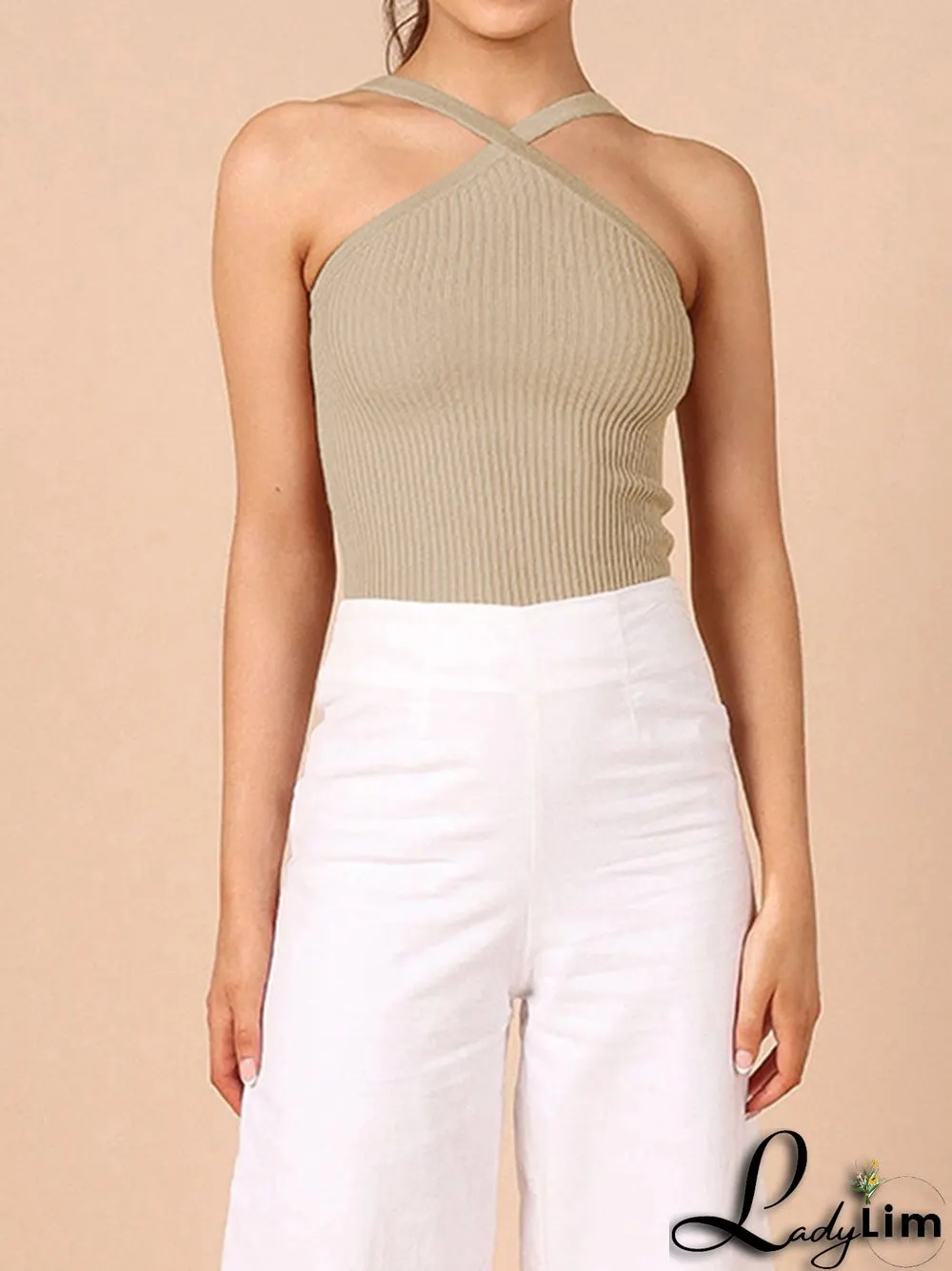 Skinny Sleeveless Solid Color Halter-Neck Vest Top