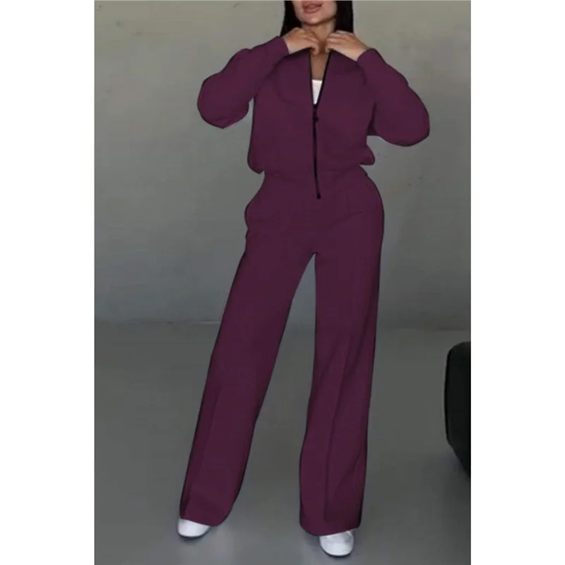 Athvotar Athvotar New Autumn And Winter Women's Casual Zipper Jacket Wide Leg Pants Fashion Set