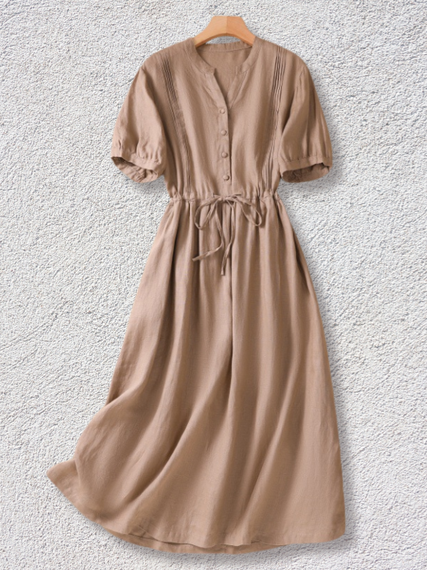 Women's Cotton Linen Dress Casual V-Neck Short Sleeve Summer Midi Dress