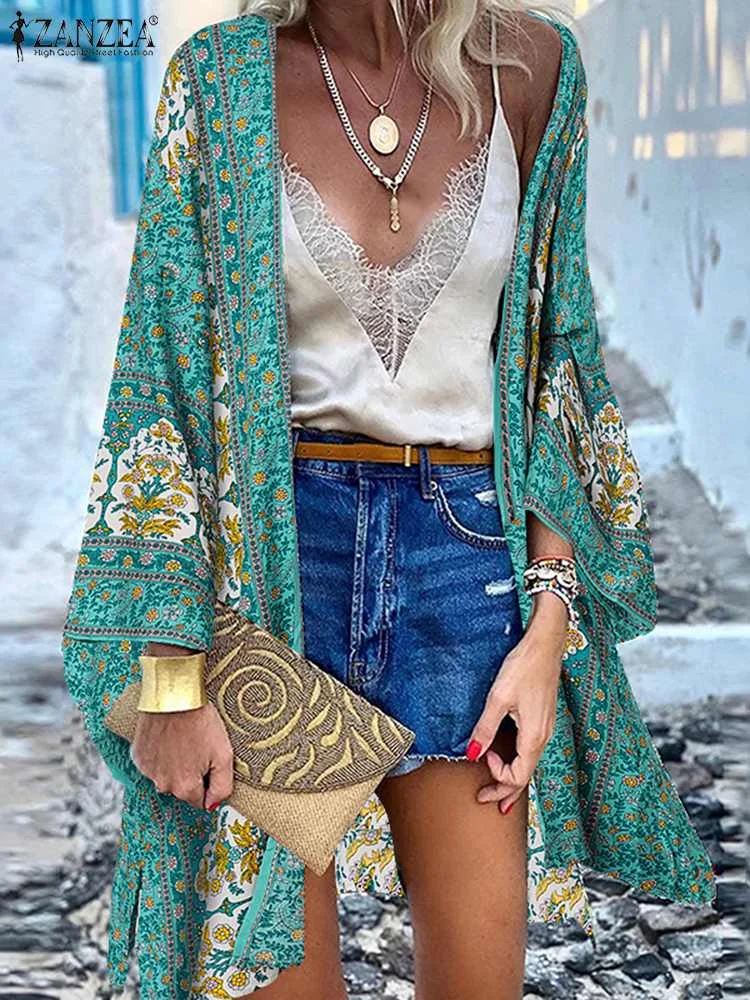 UForever21 Women Cardigan Summer Open Front Bohemian Floral Printed Blouse Kimono Casual Loose Beach Tops Vintage Long Sleeve Blusas