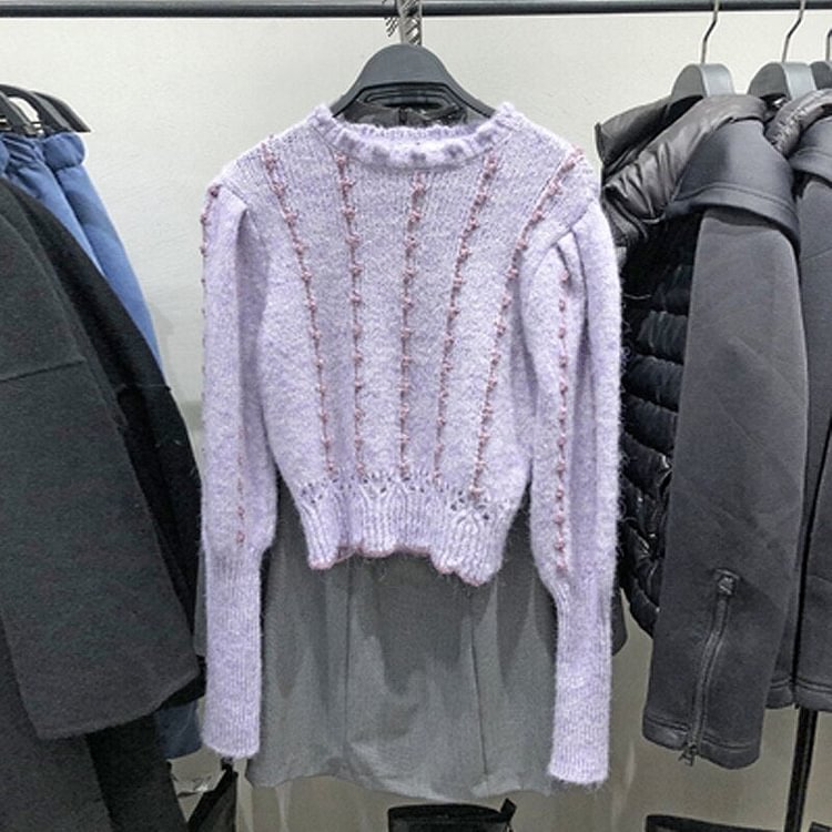 New Spring Autumn Women Knit Sweater Long Sleeve High Collar Vintage Purple Sweaters Female Streetwear Slim Pullover - BlackFridayBuys
