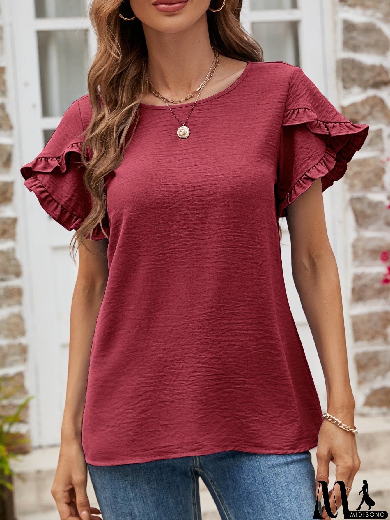 MidiSono - Textured Petal Sleeve Round Neck Tee