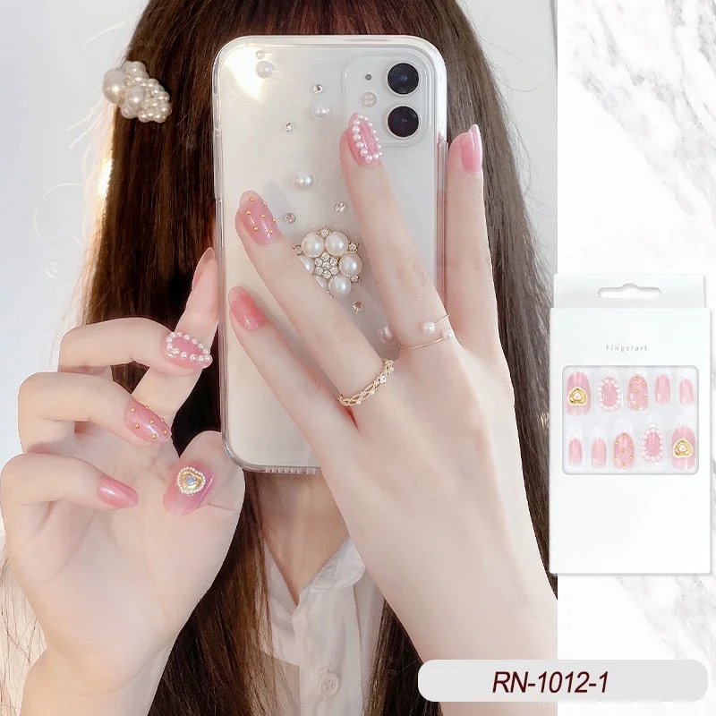 Japanese nail  Heart and Rose Flower Pattern Design Fake Nails with glue Pearl Suitable Fairy Girl Decoration Wearable Nail tips-Nail Inspo
