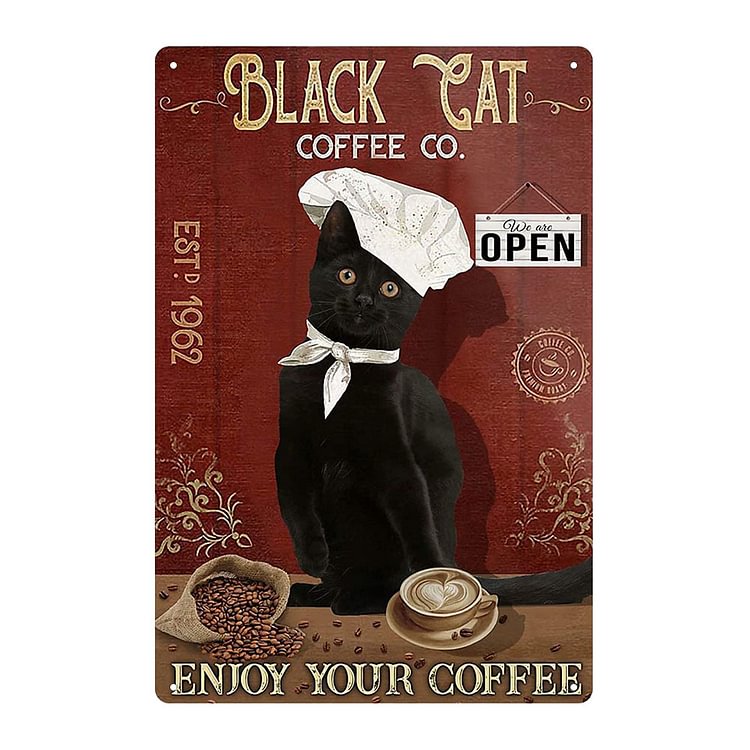 Cat - Black Cat Coffee Co. Enjoy Your Coffee Vintage Tin Signs/Wooden Signs - 7.9x11.8in & 11.8x15.7in