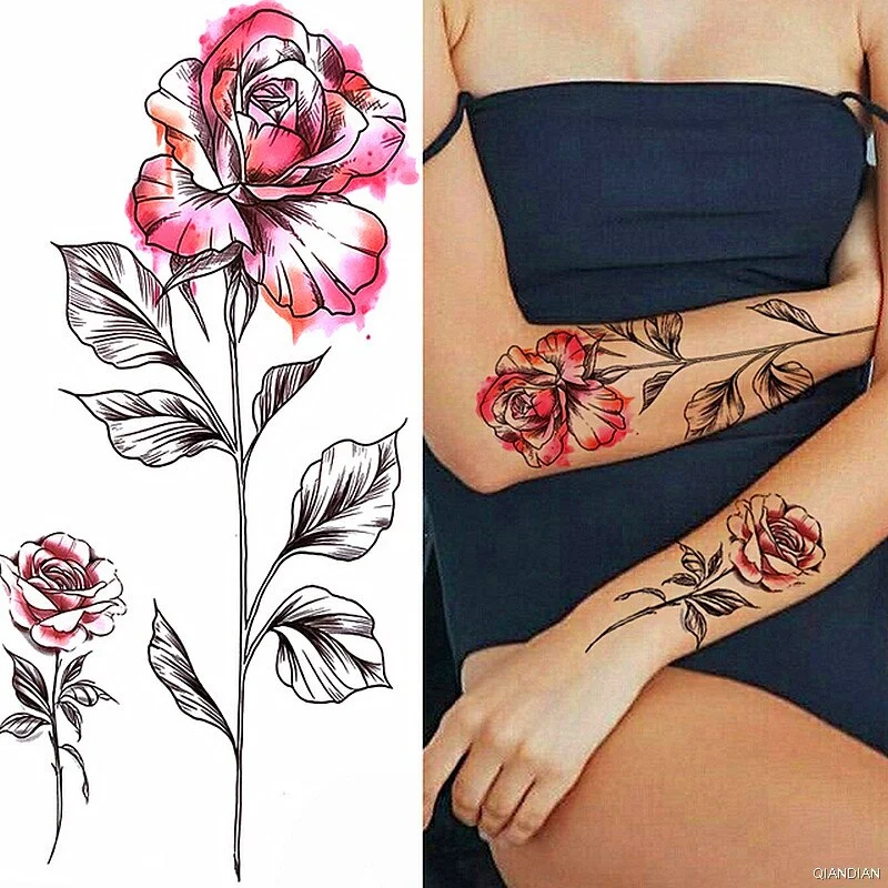 Black Sexy Flower Temporary Tattoos Sticker Arm Sleeve Rose Tree Skull Lion Bear Snake Henna Body Decorate Fake 3D Women Totem