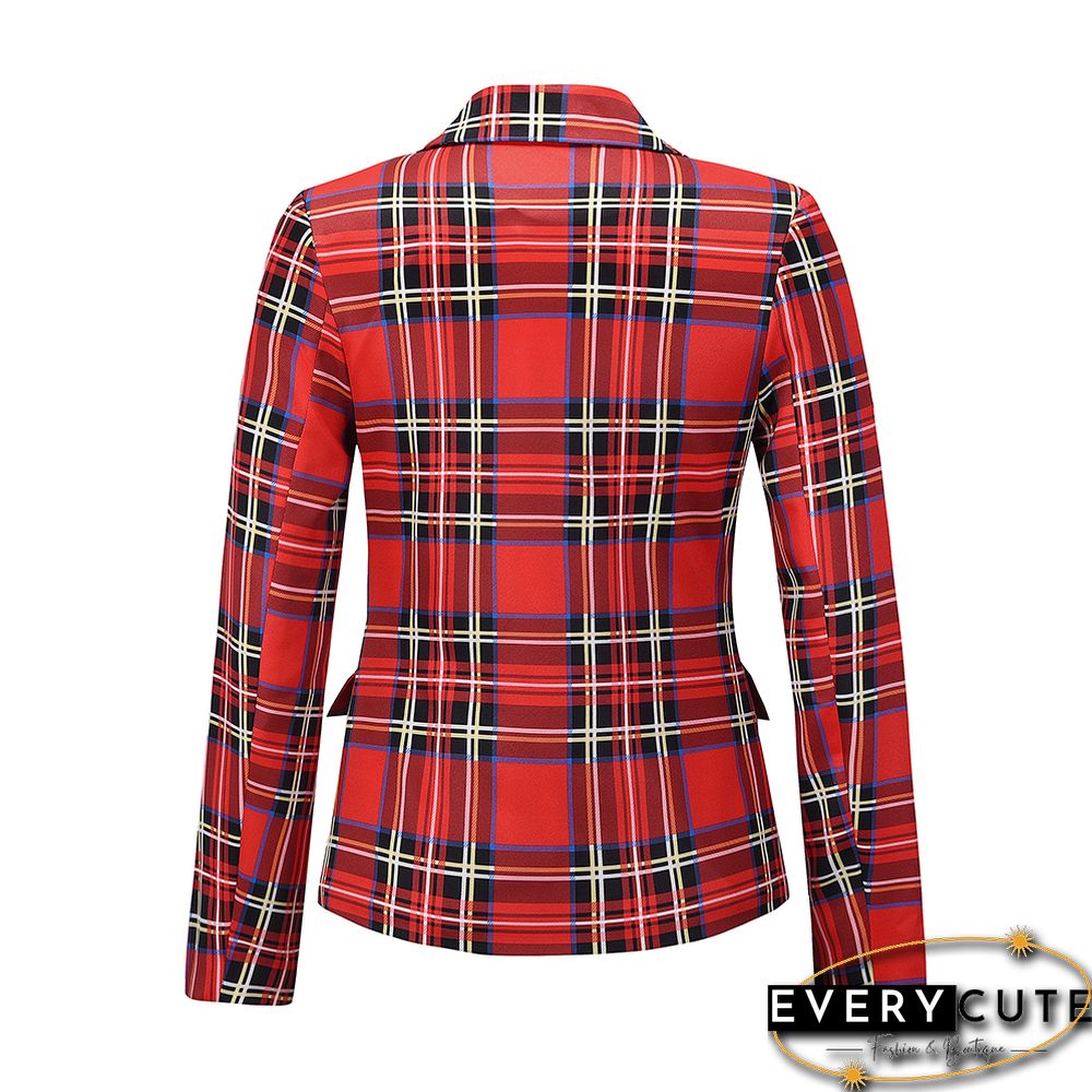 Red Plaid Print Casual Blazer Top