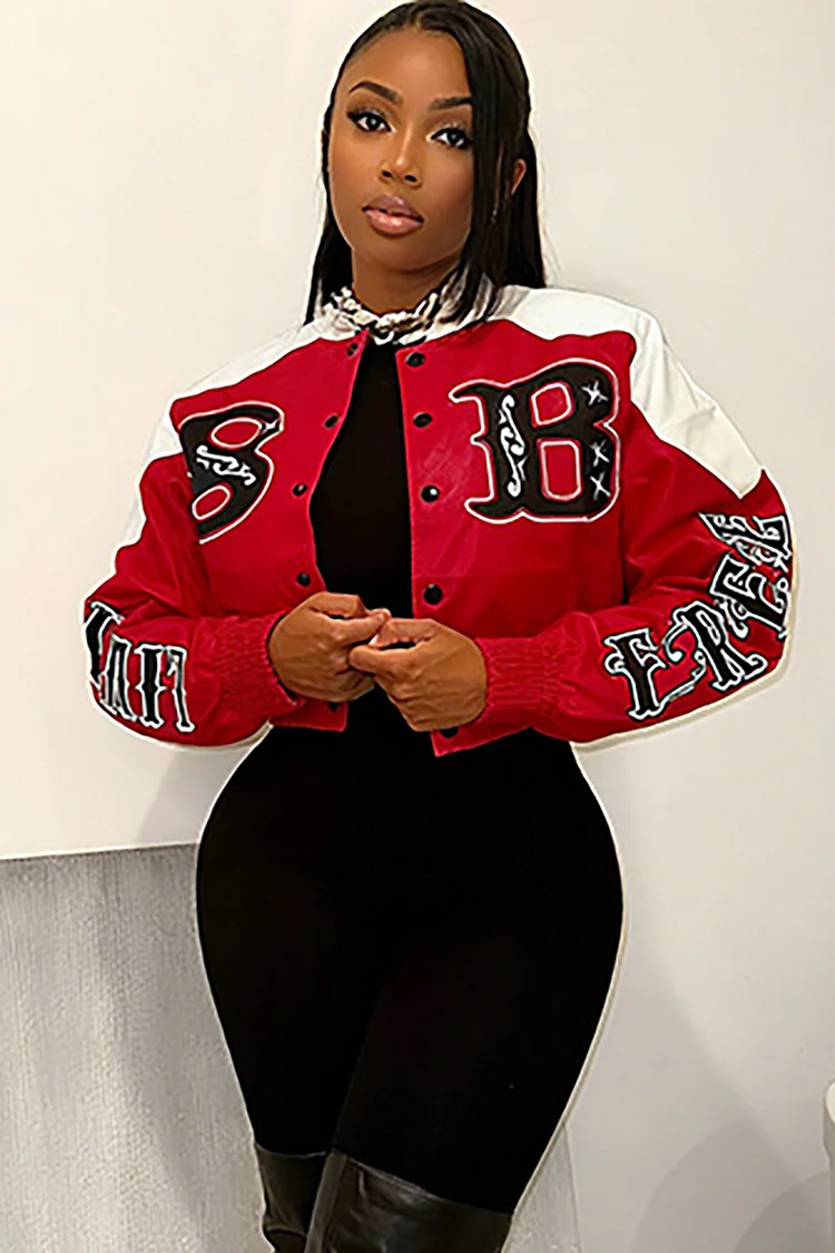 Letter Pattern Stand Collar Long Sleeve Colorblock PU Leather Crop Jacket-Red