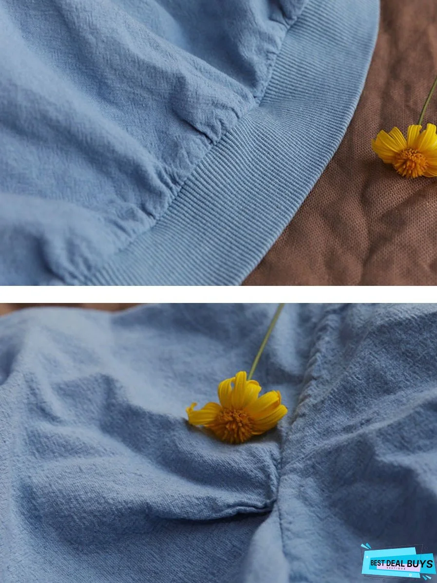 Women Summer Casual Solid Loose Cotton V-Neck Shirt