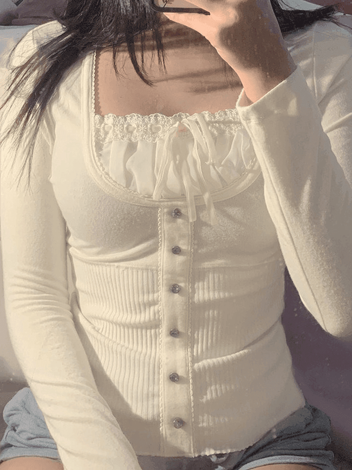 Brownm Fleece Bow-Neck Ribbed Lace Blouse