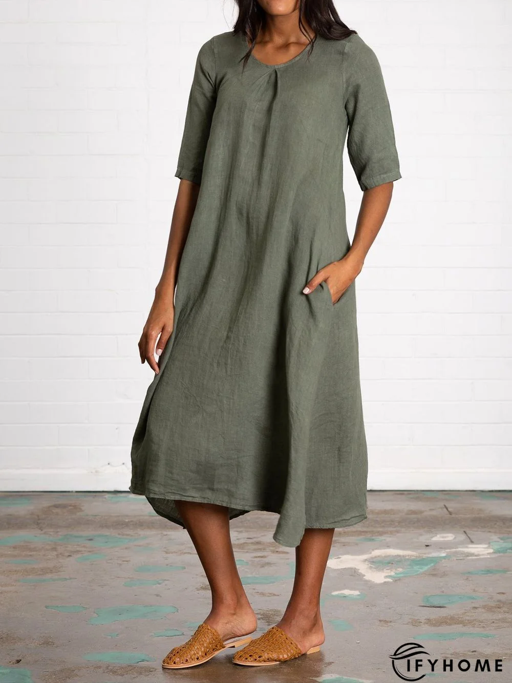 V Neck Half Sleeve Pockets Linen Women Midi Dress | IFYHOME
