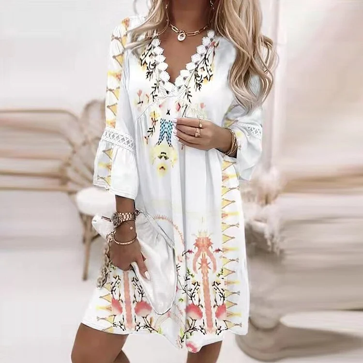 Spring Summer New Casual Women Bohemia Holiday Dress Fashion Lace Patchwork V Neck Short Dress Slim Party Simple Daily Dresses