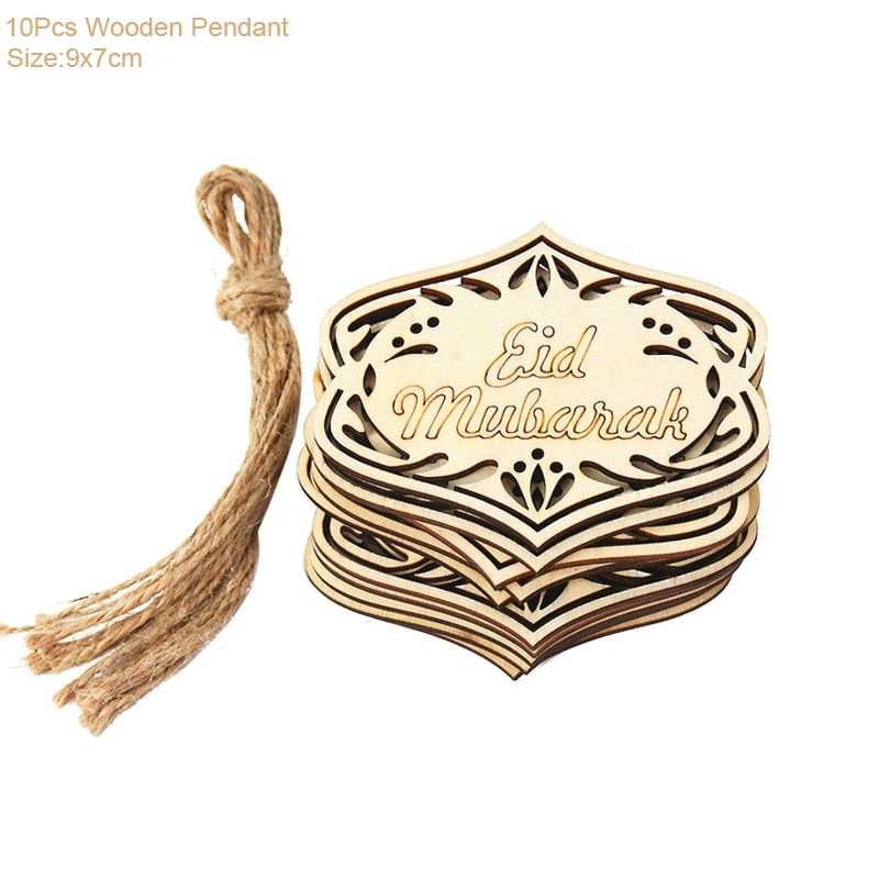 10pcs Wooden Eid Mubarak Pendants Ramadan Ornament DIY Islamic Muslim Festival Party Decoration for Home Moon Eid Al-Fitr Decor