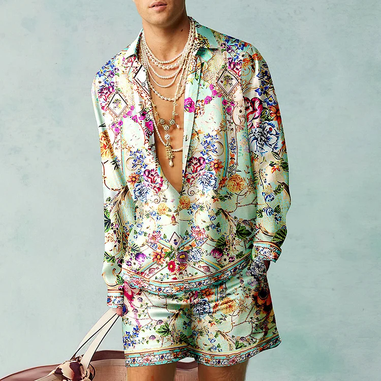 BrosWear Light Green Holiday Baroque Shirt And Shorts Co-Ord