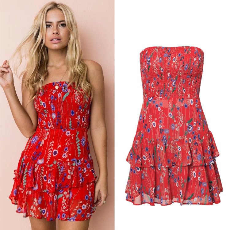 Fashion Women's Wear Back Hollow Out Strap Slim Fit All-matching Printed Chest-wrapped Dress Skirt