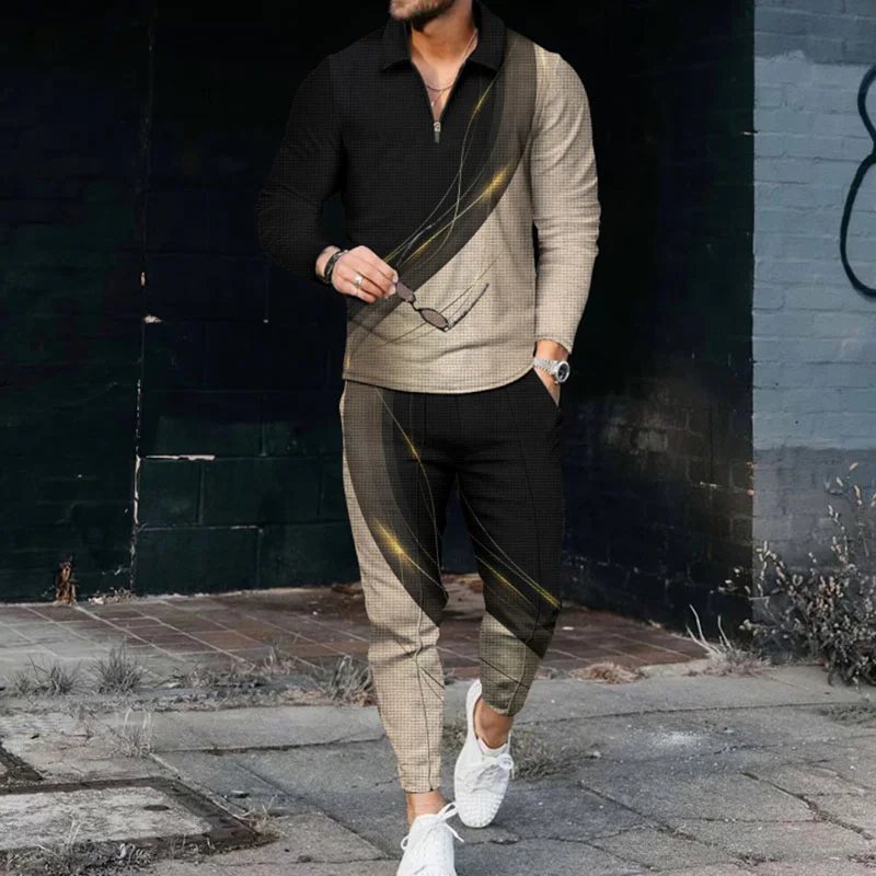 Men's Personalized Colorblock Polo Shirt and pants Two Piece Set