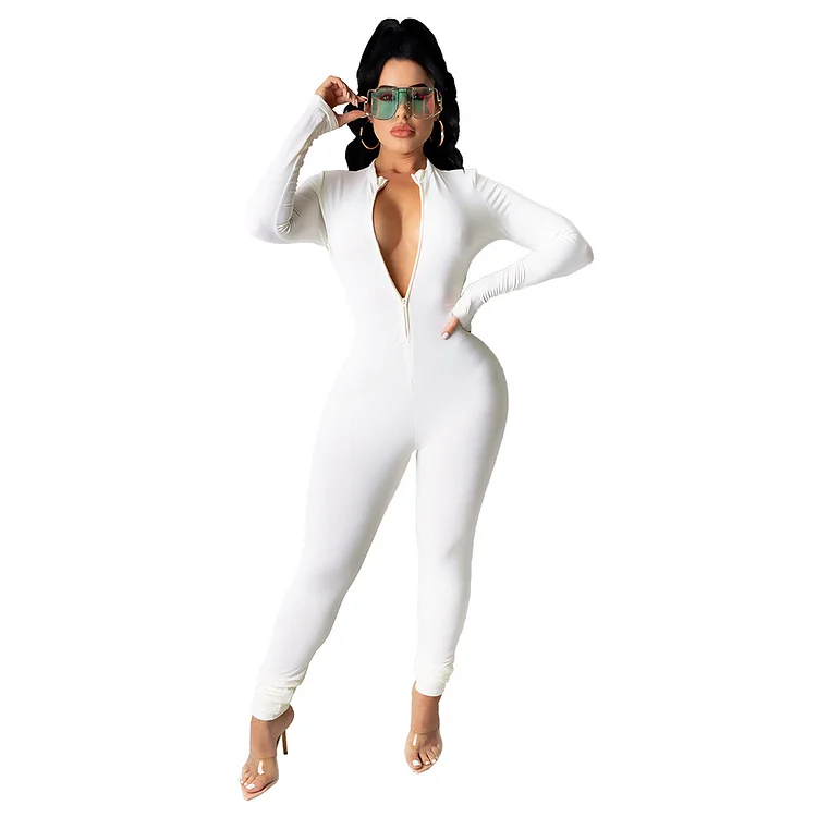 Women's Soft Long Sleeves Zip Up One Piece Bodycon Jumpsuits Playsuits