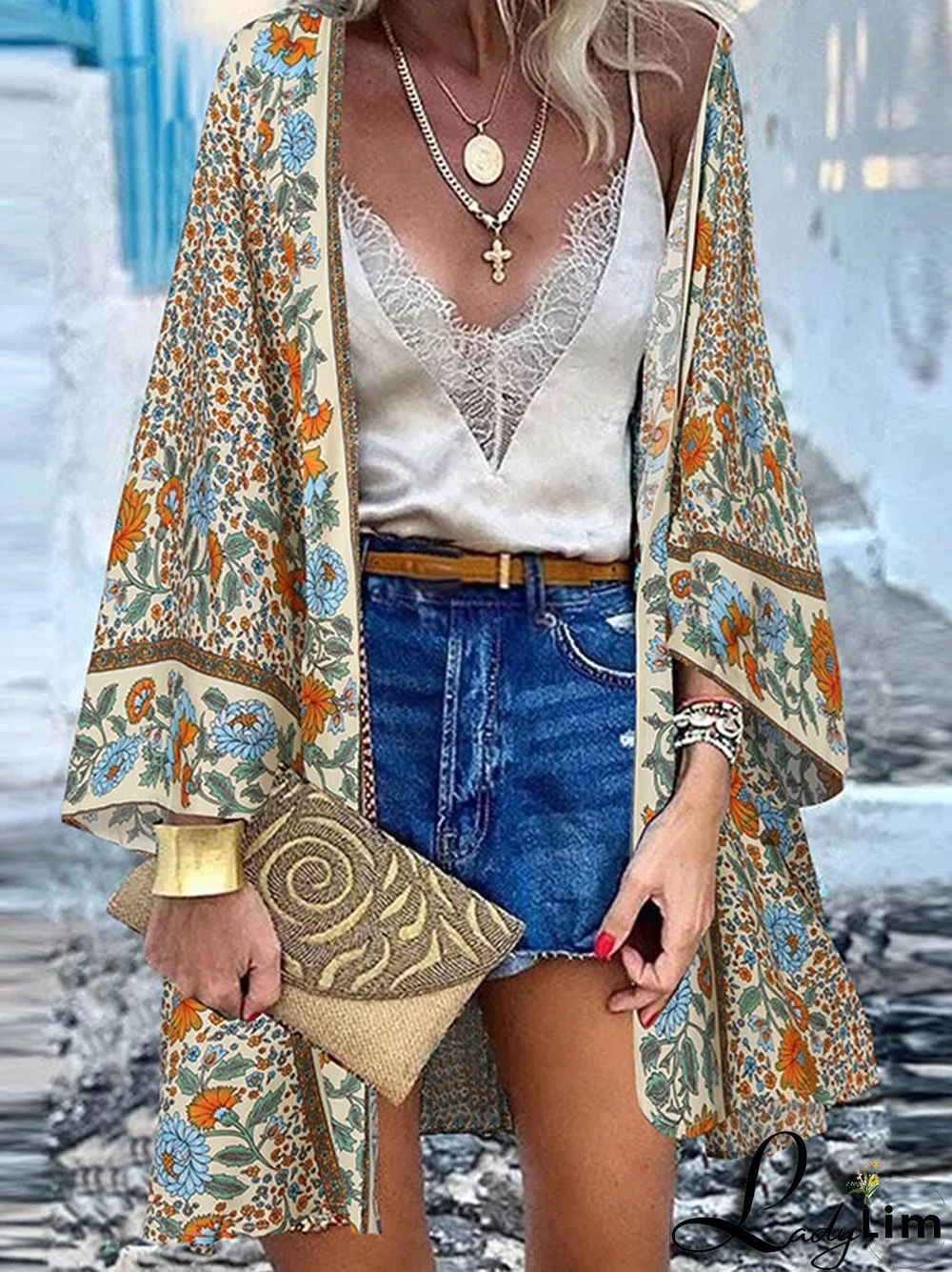 Bohemian Floral Print Loose Long Sleeve Kimono