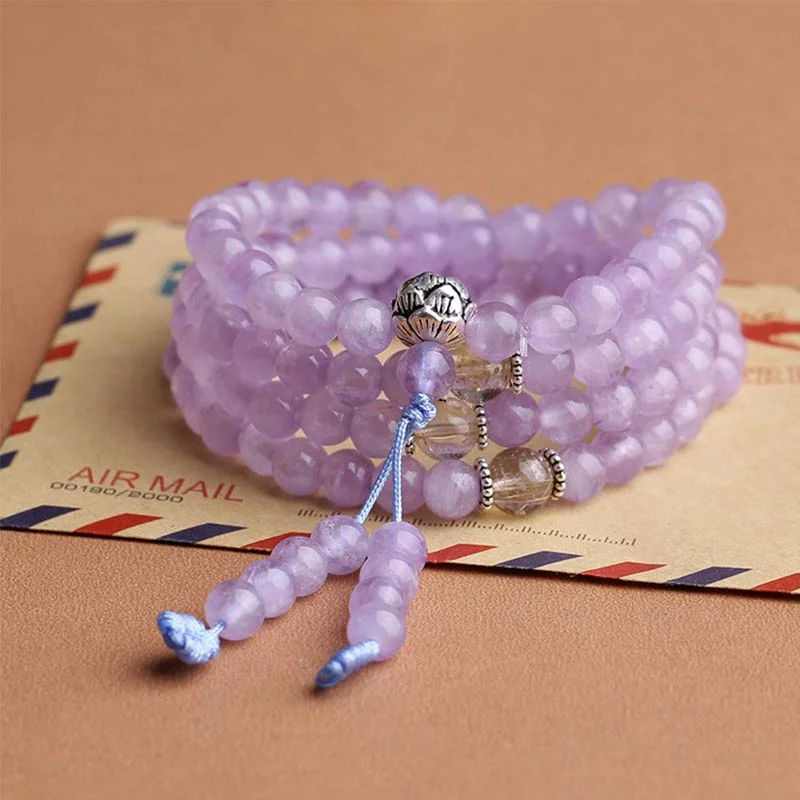 Natural Amethyst Mala Bead Lotus Bracelet