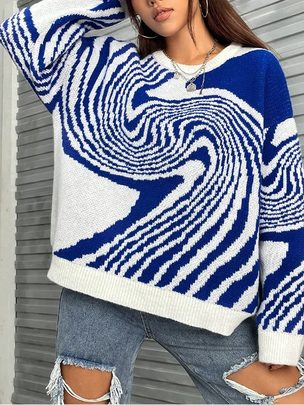 Nigikala Nigikala Vintage Ripple Round Collar Collar Sweater Fashion Design Lazy Knitted Shirt