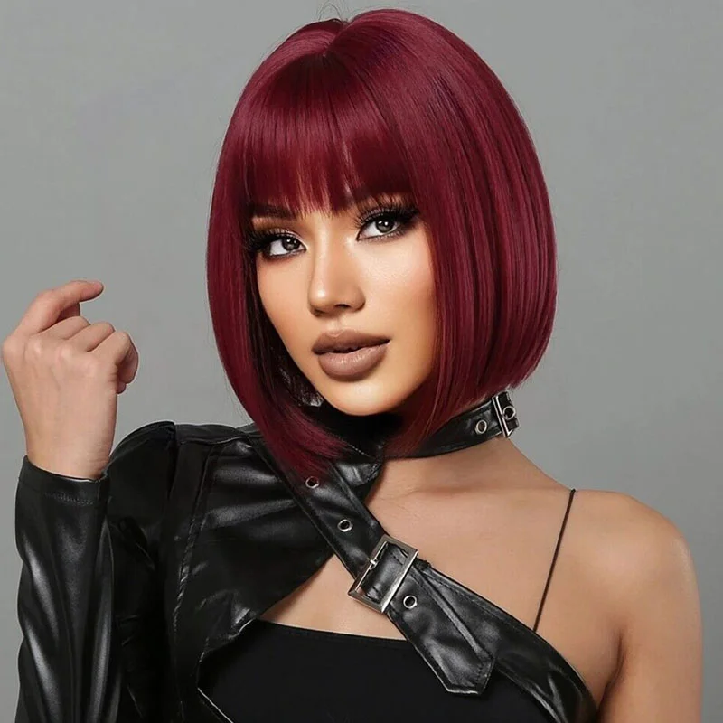 Burgundy Casual Daily Solid Patchwork Wigs | EGEMISS