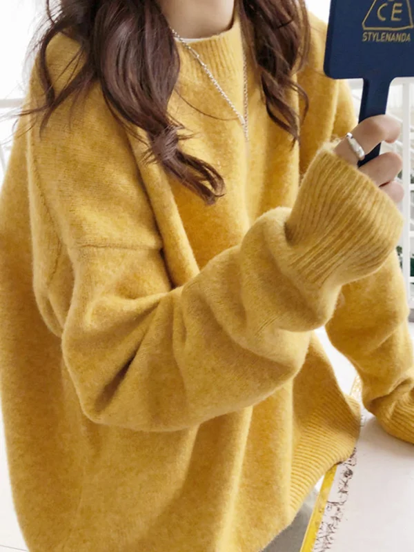Simple Loose Long Sleeves Round-Neck Sweater Tops Pullovers