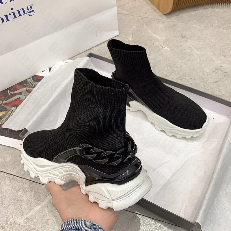 Women's Fashion Chain Stretchy Socks Flat Platform Sneakers Casual Shoes Women Running Sneakers Trainers Jogging Sports Shoes