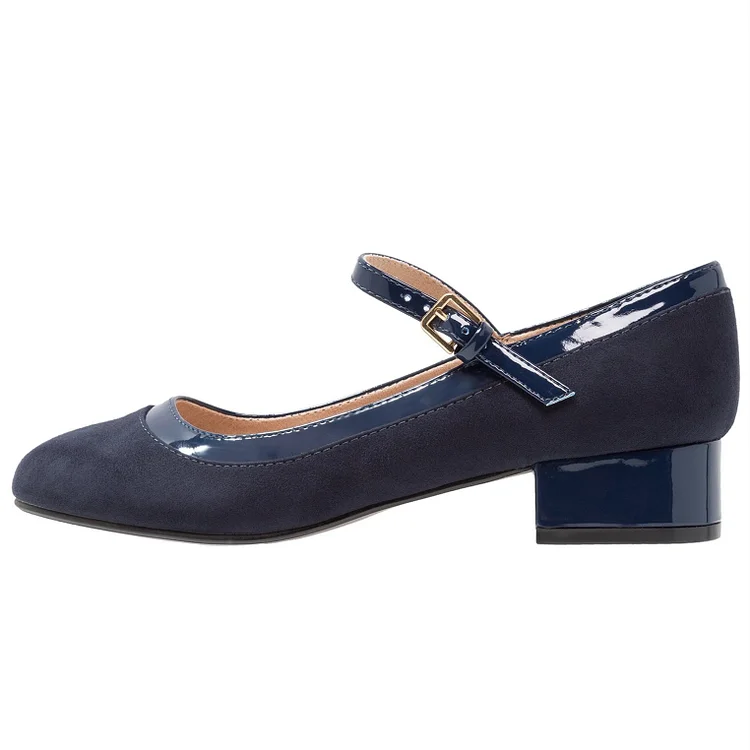 Navy Round Toe Mary Jane Block Heel Pumps by VDCOO Vdcoo
