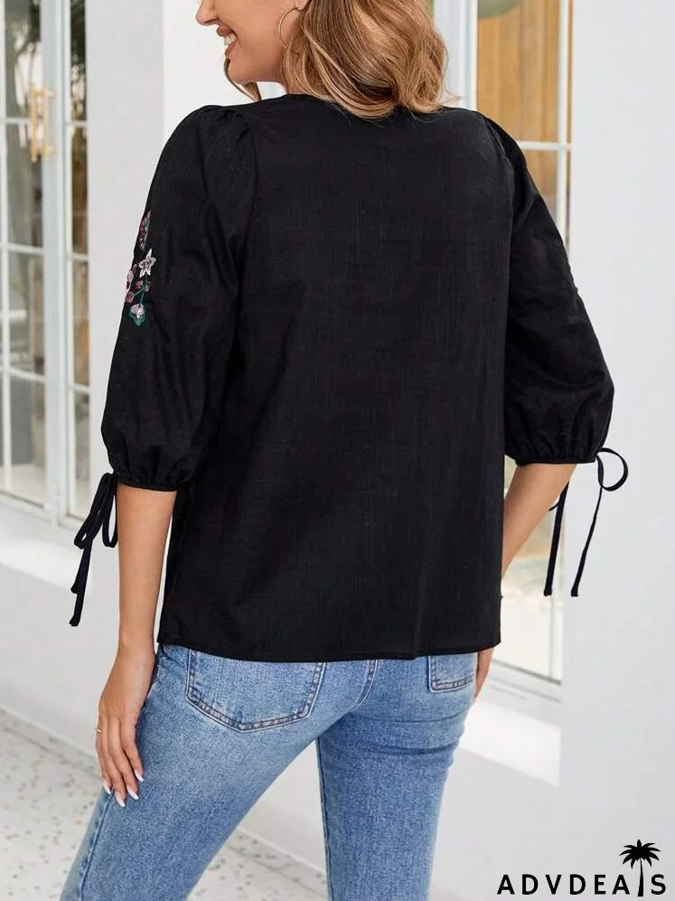Floral Embroidery Notched Neck Knot Cuff Blouse