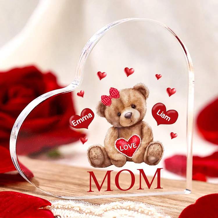2 Names - Personalized Acrylic Heart Keepsake Custom 2 Texts Teddy Bear Ornaments Gifts for Grandma/Mother