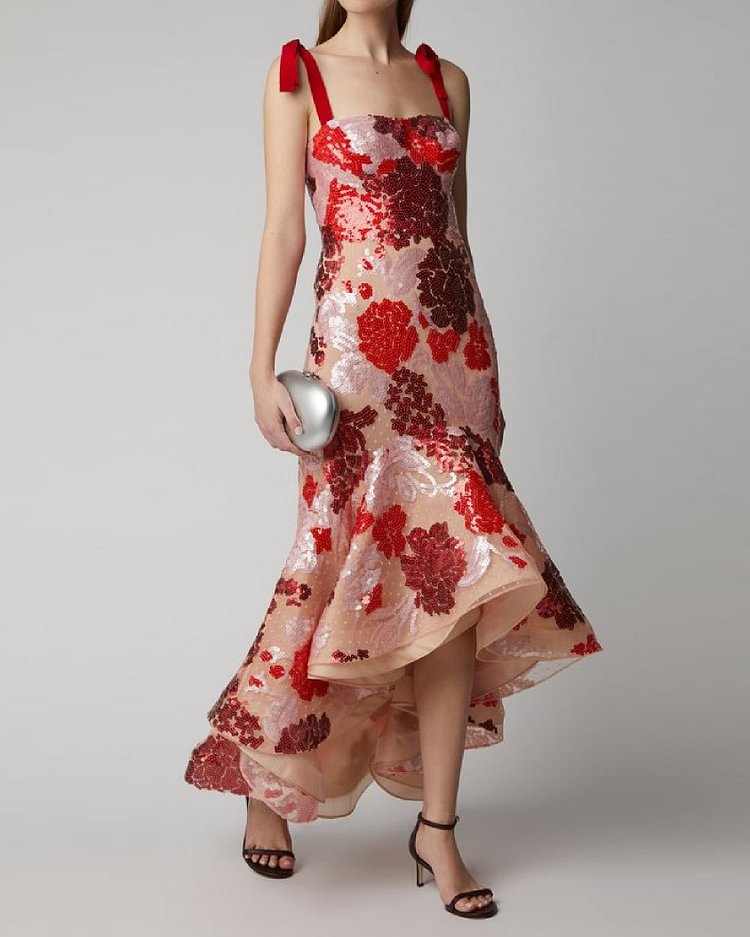 Elegant Sequined Red Ruffled Slip Dress