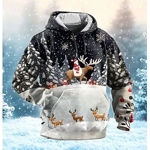 Men's Casual Sports Christmas Reindeer Series 3D Digital Printed Hooded Pullover