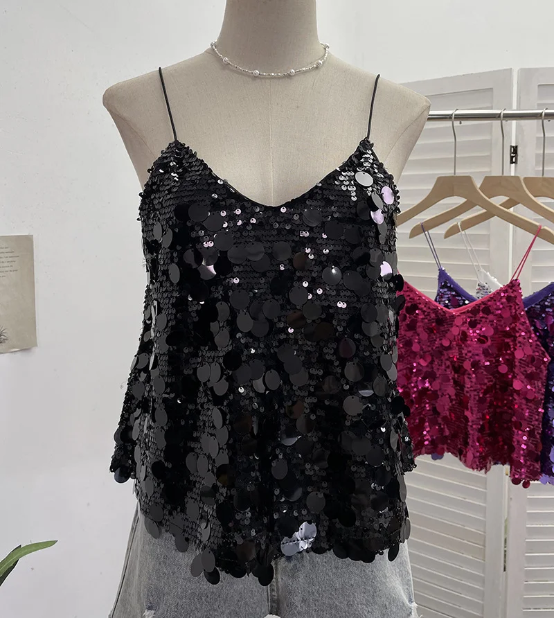 Nigikala Nigikala Shoot Hottie Sexy Night Club Heavy Bling Flash Shiny V Tie Sling Vest Sleeveless Top 3032