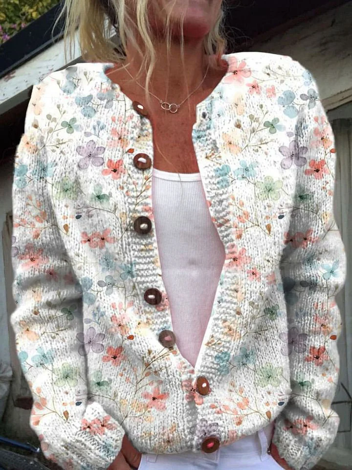 Women's Lovely Floral Art Print Buttoned Cardigan Sweater