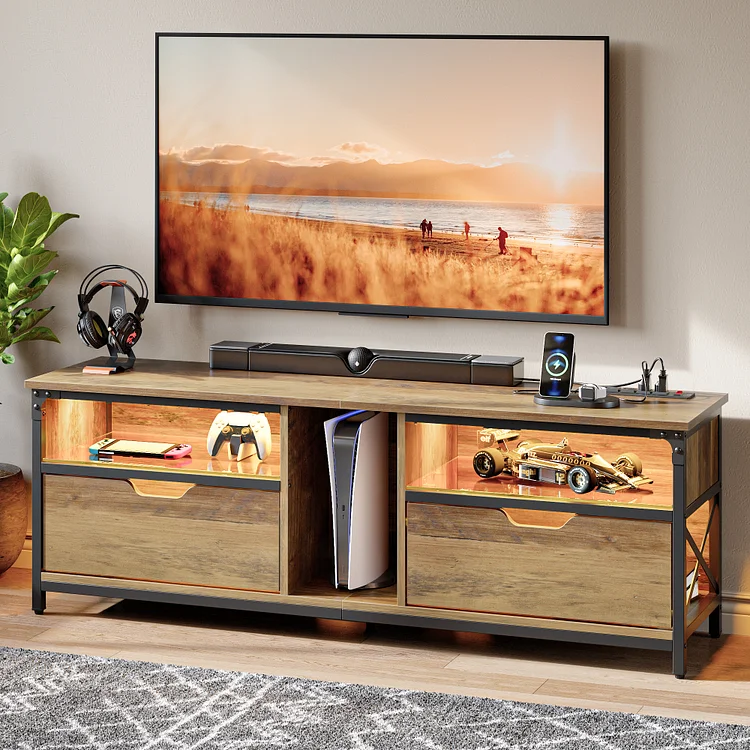 Bestier Modern TV Stand with Charging Station & RGB LED Lights for TVs up to 75", Weathered Rustic Oak