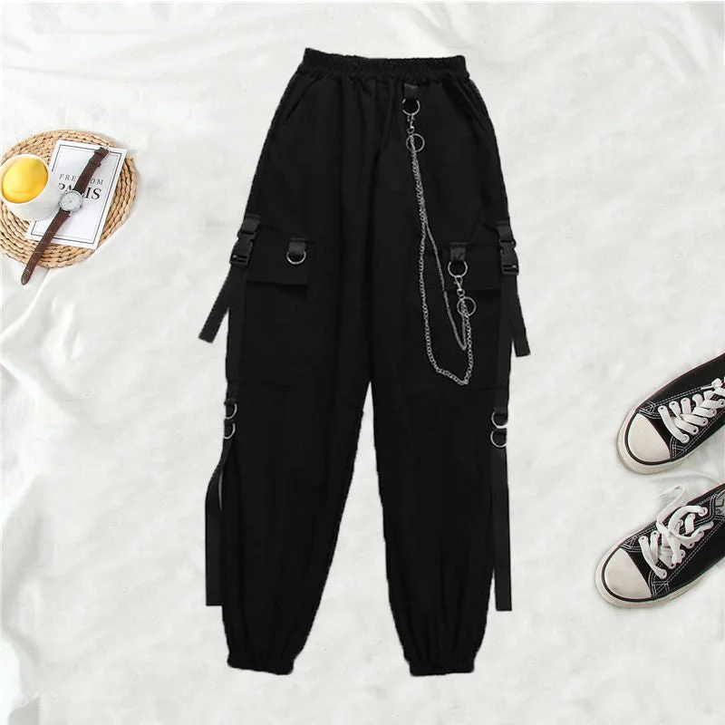 Spring New Chain Ribbon Cargo Black Women 2 Piece Pullover With Joggers Women Harajuku Cargo Pants Handsome Cool Two-piece Suit