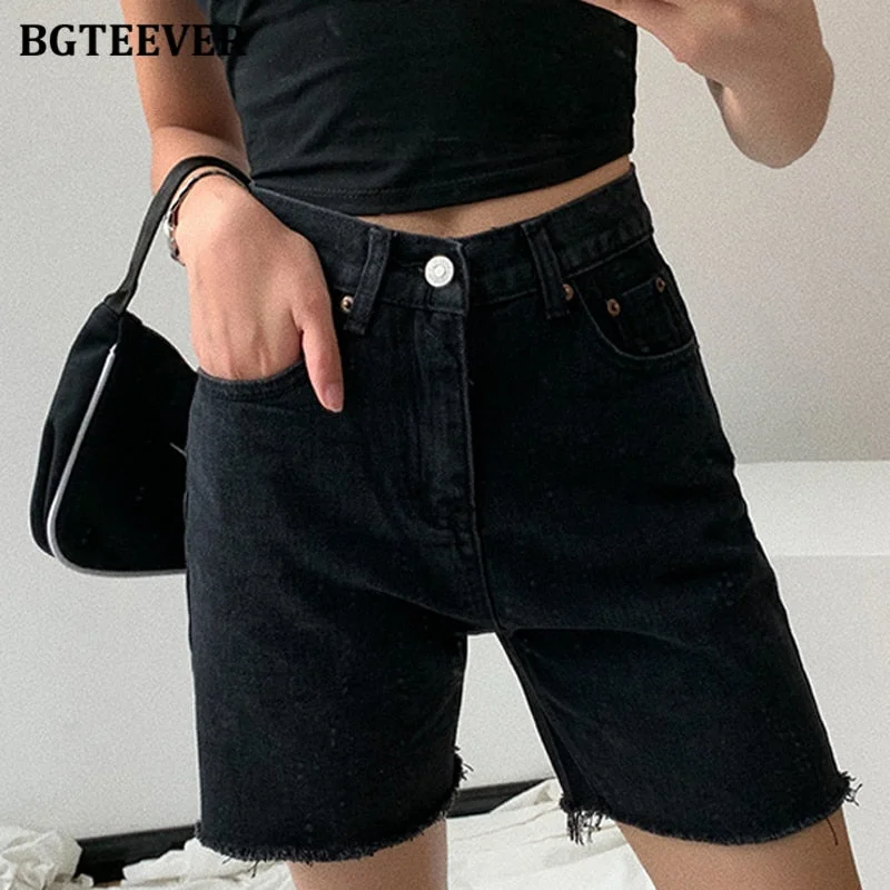 BGTEEVER Vintage Ripped Edges Solid Straight Jeans Shorts for Women 2021 Summer Casual High Waist Loose Female Denim Shorts