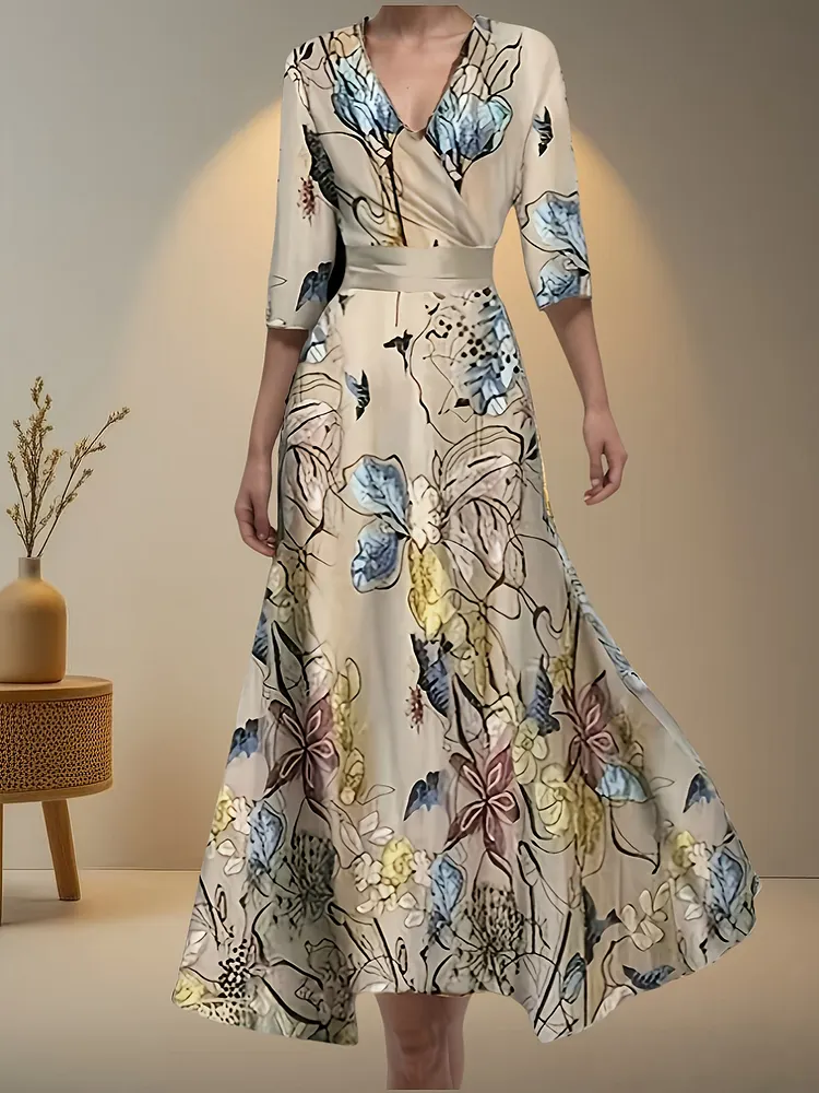 New Womens Floral Print V-Neck Long Sleeve Dress Cinched Waist Form-Fitting Lightweight