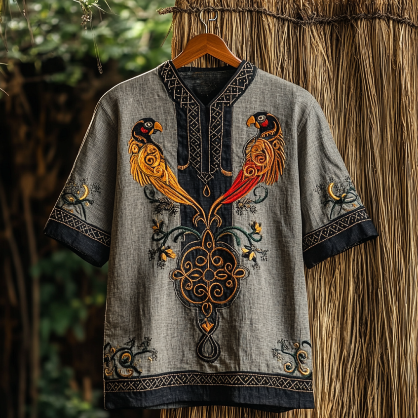 Men's African Reggae Music Parrot Art Cotton And Linen V-neck T-shirt